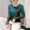 Round Neck Printed Mesh Casual T-shirt for Women In Spring Long-sleeved Slim Base Shirt