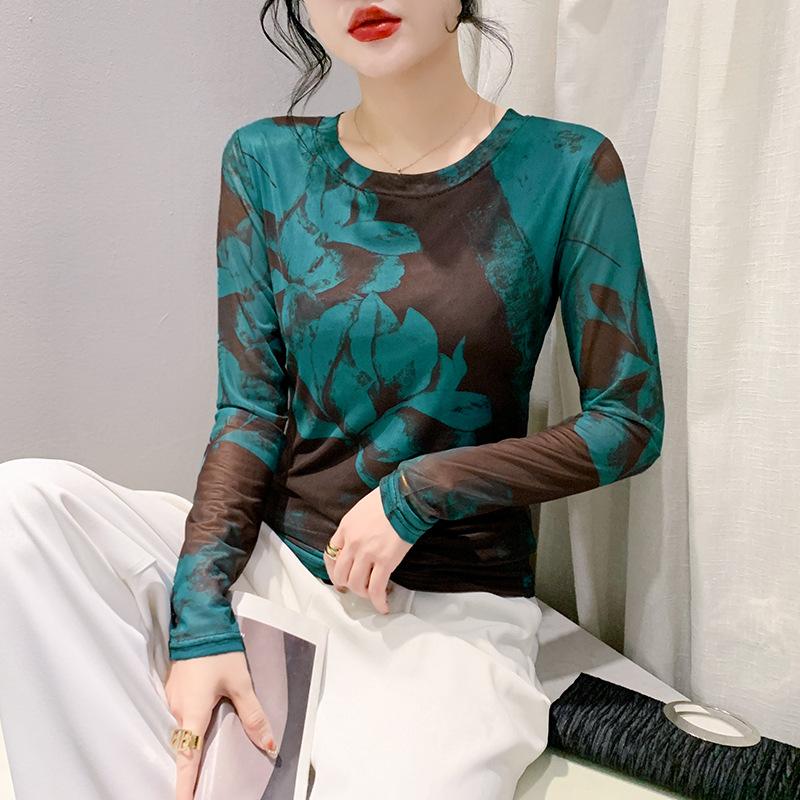 Round Neck Printed Mesh Casual T-shirt for Women In Spring Long-sleeved Slim Base Shirt