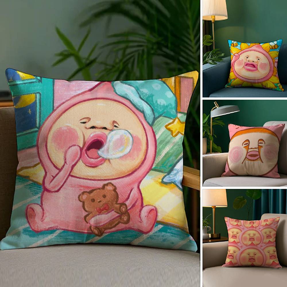 K-Kobito Zukan Peach Pillow Case Sofa Living Room Bedroom Double-Sided Printing Square Cushion Nap Time Cushion Cover Peach skin 18*18(CM)-1Pcs
