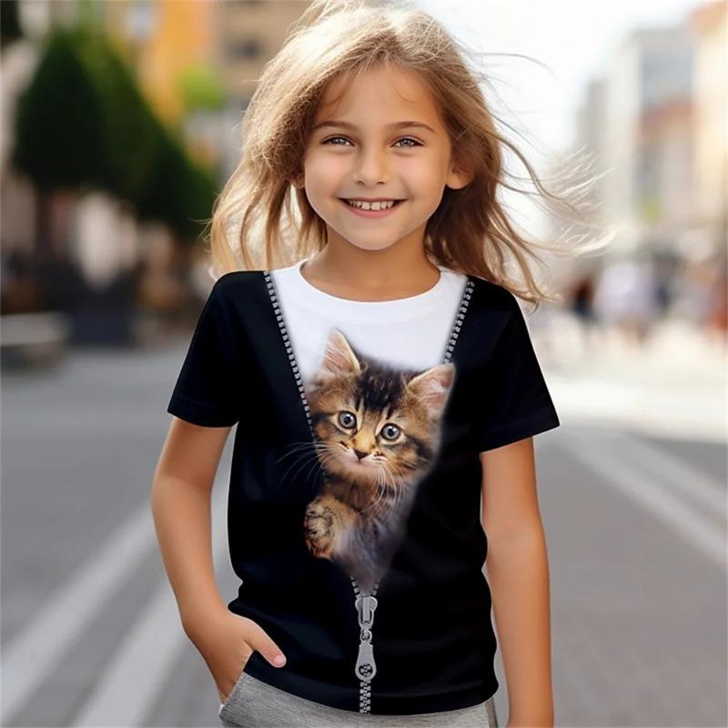 Cute Cat 3D Printed Fun Children's Clothing Baby Girl T-shirt Summer Casual Short Sleeved Cool Girl T-shirt Lightweight Breathab