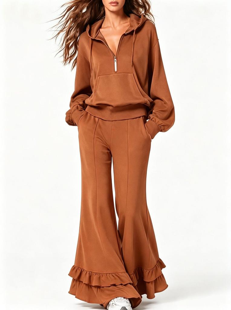 2026 Amazon popular women's clothing casual hooded half-zipper sweater set ruffle edge flared pants two-piece set women