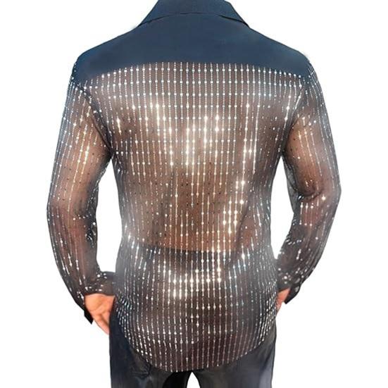 Men's Sequin Glitter Shirt Long Sleeve Lapel Button Down Disco Shirt Retro Sexy Thin Shirts for Bar Dancing Night Club Disco Party