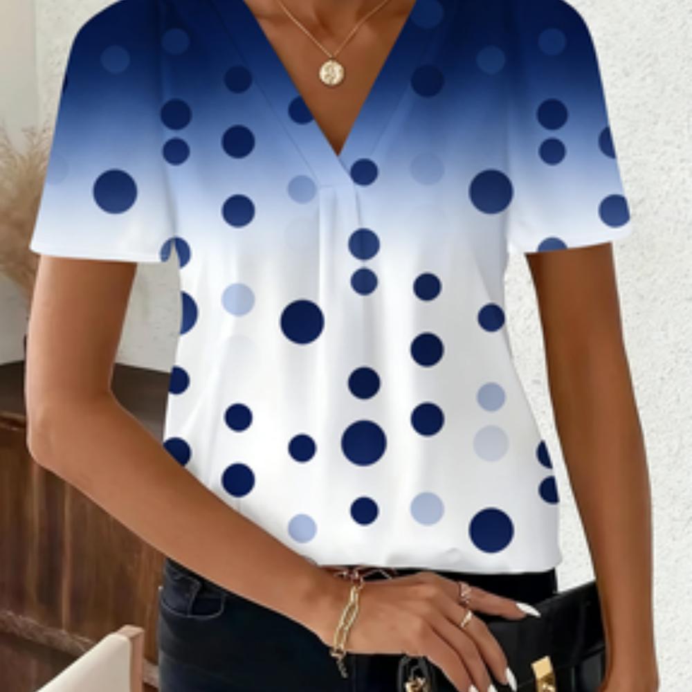 Elegant vacation abstract painting color blocks combined with geometric grid patterns. Full-body printed with breathable V-neck short-sleeved T-shirt.