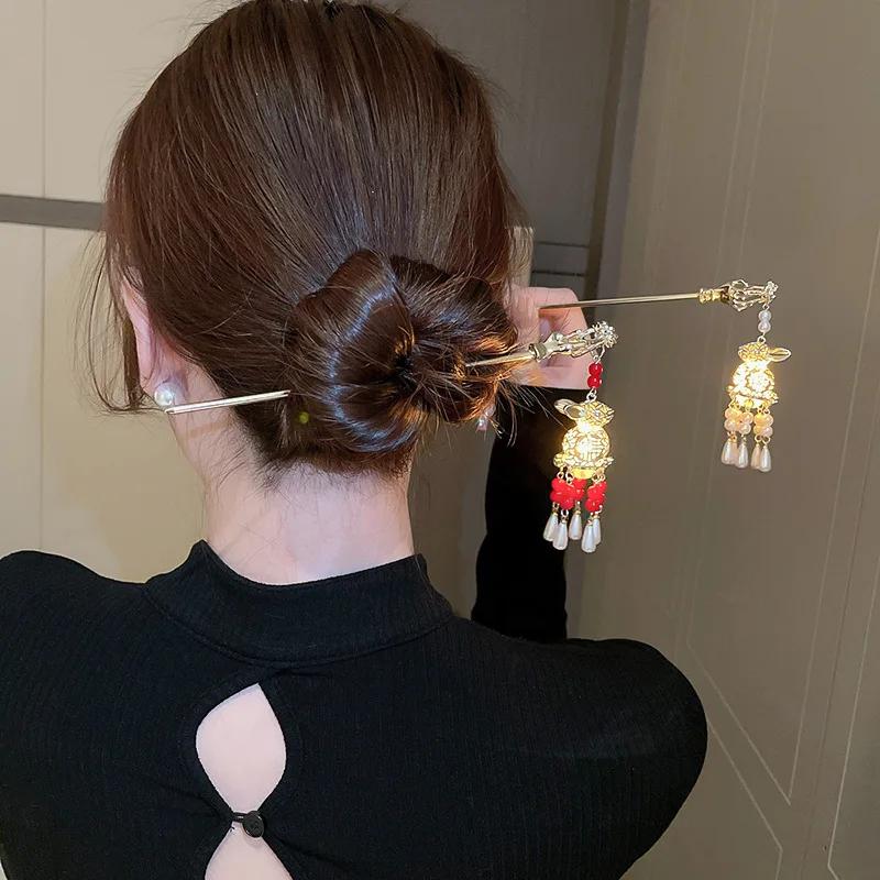 

Vintage Style Metal Hairpin Luminescence Rabbit Hair Stick Pearl Tassel Hair Clip Accessories for Women Jewelry Gifts
