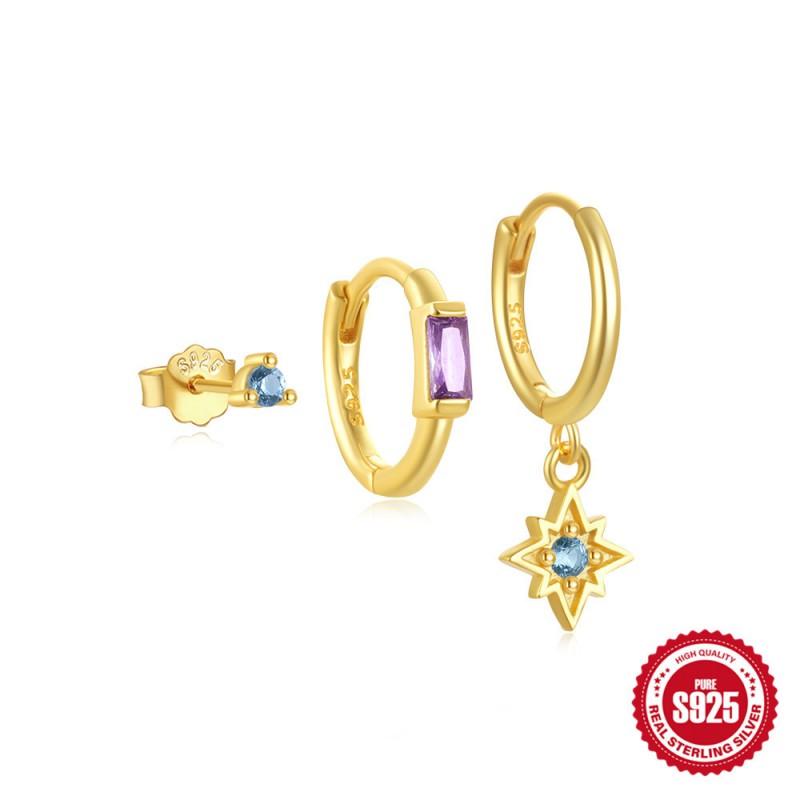 Sterling Evil Eye Octagram Moon Stud Hoop Earring Set With Cubic Zirconia Pearl Women