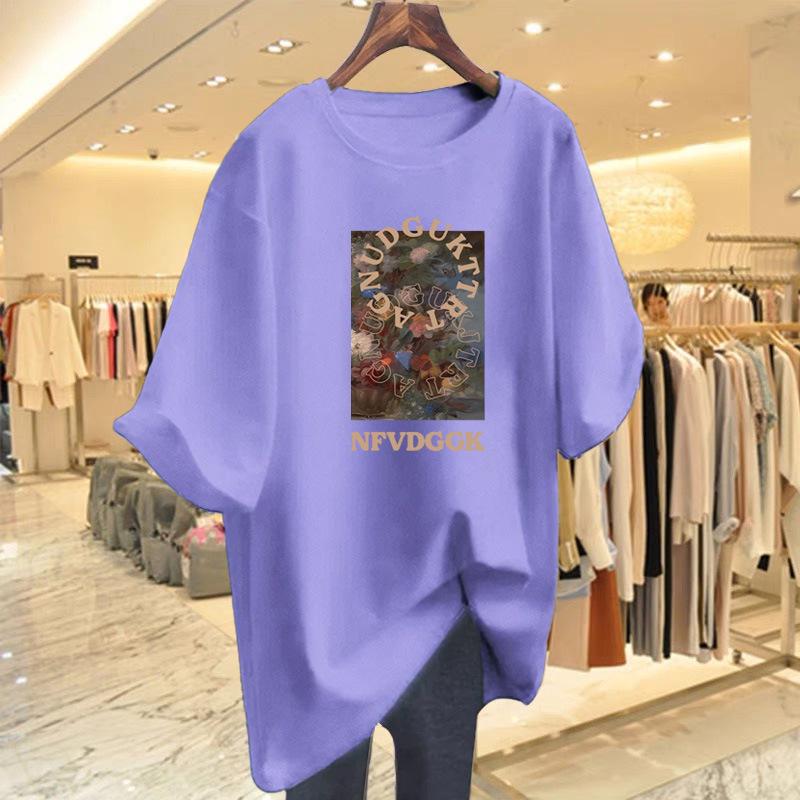 New Women's Summer White Cotton Printed Loose Round Neck Short Sleeve T-Shirt