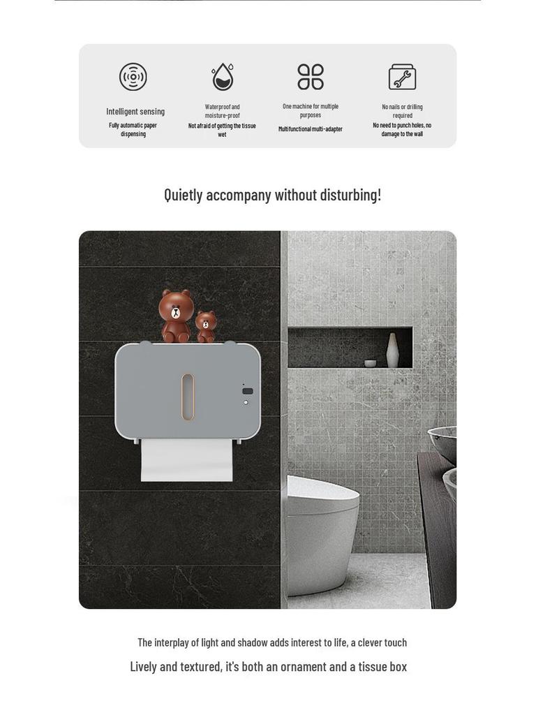 Smart Sensor Toilet Paper Holder, Automatic Wall-Mounted Dispensing, Punch-Free, Waterproof.