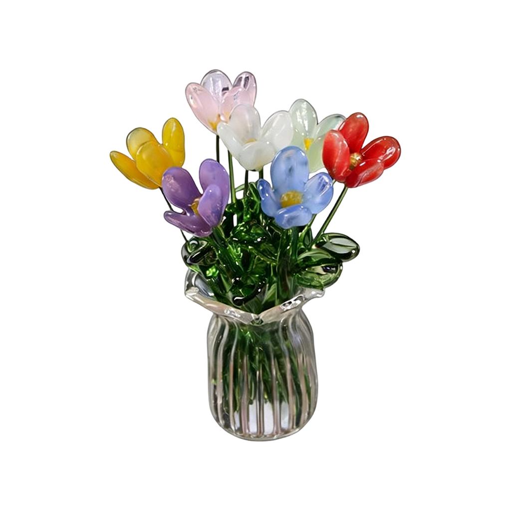 Glasblumen in Vase, Glasblumen in Vase mit Stielen, 7 Farbige Miniatur-Glasblumen, Glasblumenstrauß zum Muttertag