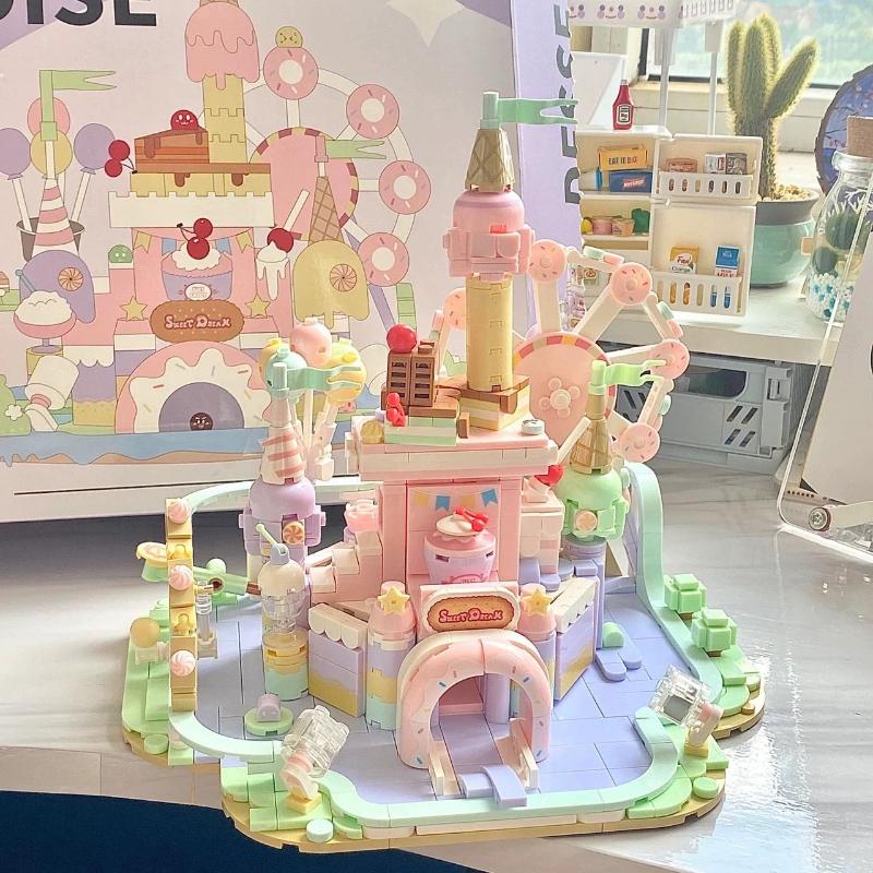 Dessert Ferris Wheel Music Box Building Blocks Dream Castle Puzzles Assembling Toys Girl Gifts Kawaii Tabletop Decorations