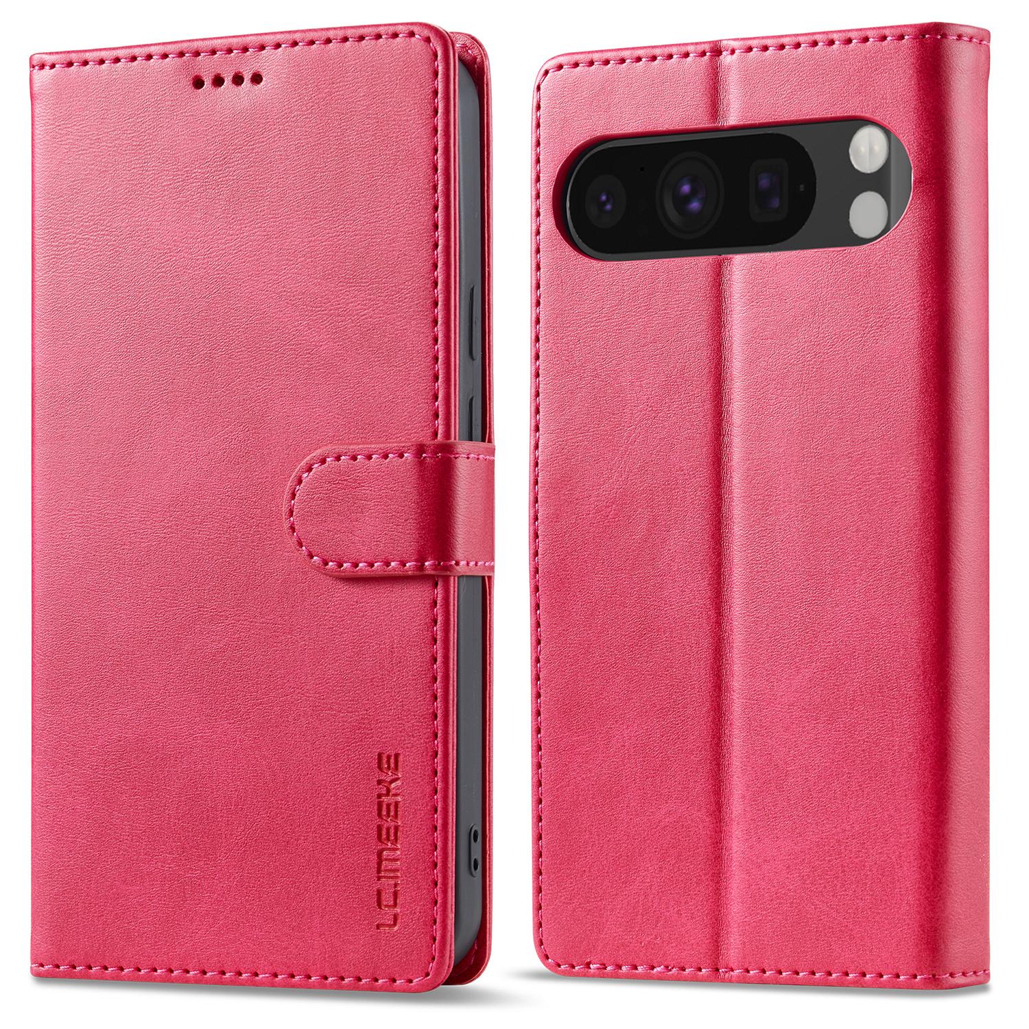 

LC.IMEEKE For Google Pixel 9 Pro XL Case Calf Texture PU Leather Flip Phone Cover Rose