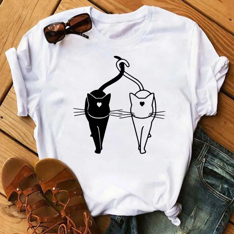 Katt&Noter Tryckt T-shirt Casual Rundhals Kortärmad Topp Sommar Andningsbar Damkläder Plus Size T-shirt