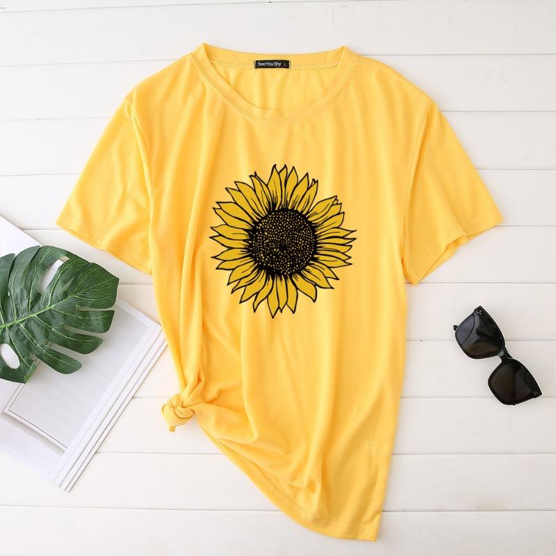 

Женская футболка с короткими рукавами из чистого хлопка с 3D-цифровым принтом «Подсолнух» XXXL