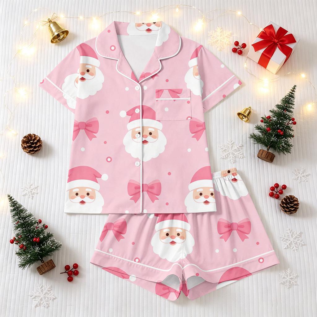 Women's Christmas Pajama Set with Short-Sleeve Button-Down Shirt and Shorts