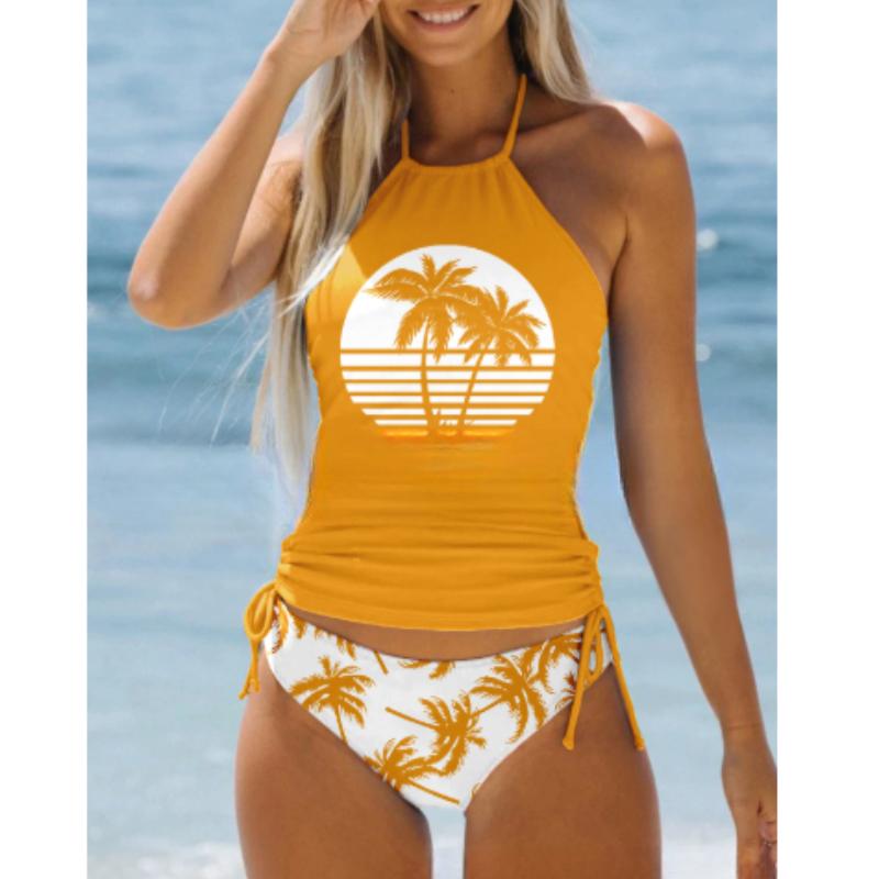 Blauer Neckholder-Bikini-Tankini-Badeanzug mit Kokosnussbaum-Print für Damen