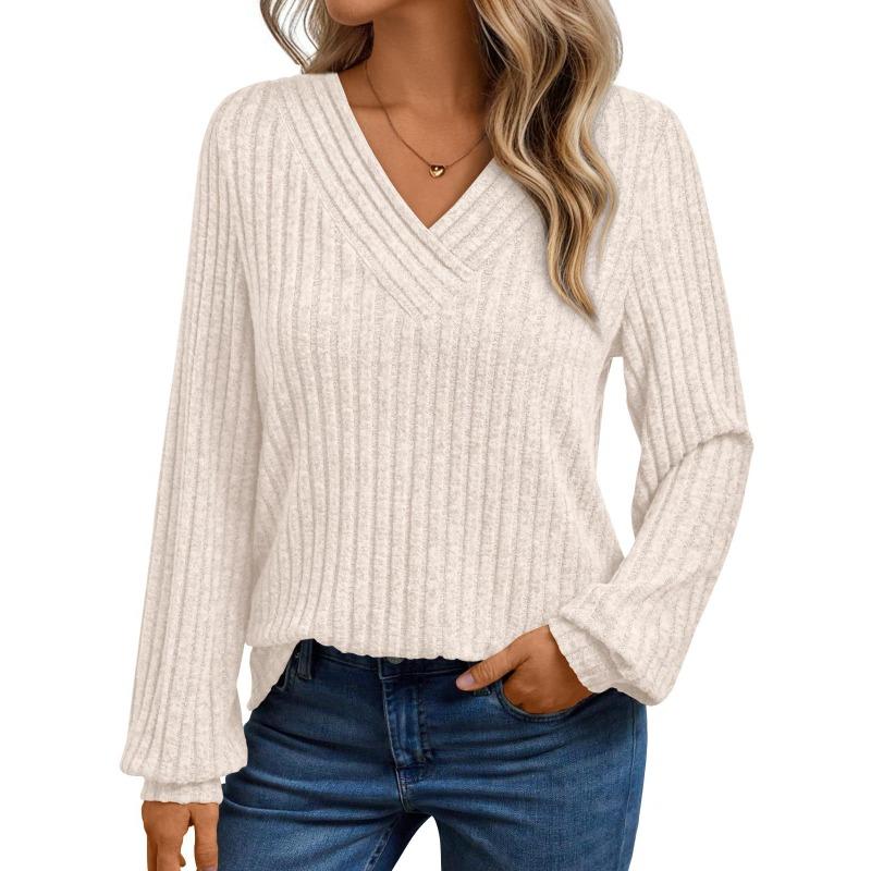 Women s V Neck Long Sleeve Ribbed Knit Sweater Casual Solid Color Pullover Top S абрикосовый