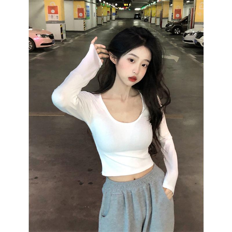 Autumn New Pure Wind Spice Girl Big U Neck Slim Slim Short White Long-sleeved T-shirt Top Women's Fashion