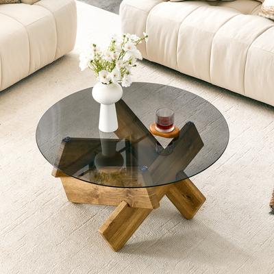 Modern Round Coffee Table Made of Glass with Sturdy Designer Base In Wood-look or Marble-look, Diameter Approx. 79 Cm, Height Approx. 45 Cm