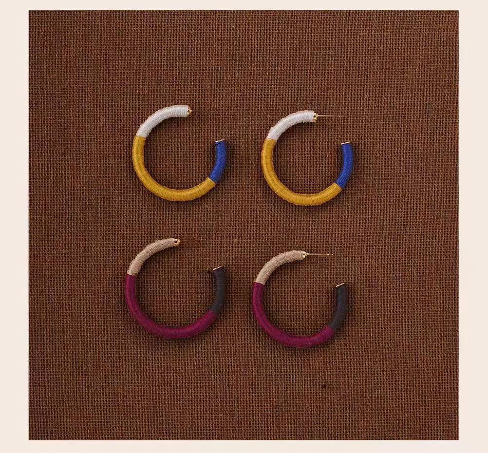 Retro Three-Color Wool Thread Hoop Earrings - Stylish, Versatile, Light Luxury Design for Women
