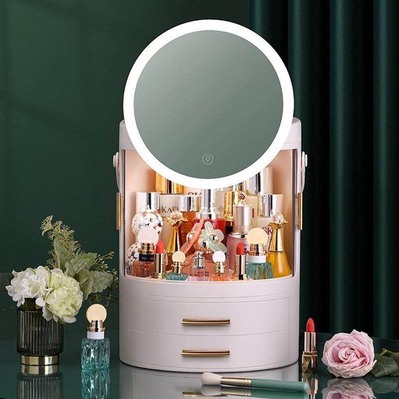 Cosmetic Storage Box Desktop Dustproof with Mirror Integrated Skin Care Products Dressing Table Shelf Makeup Box