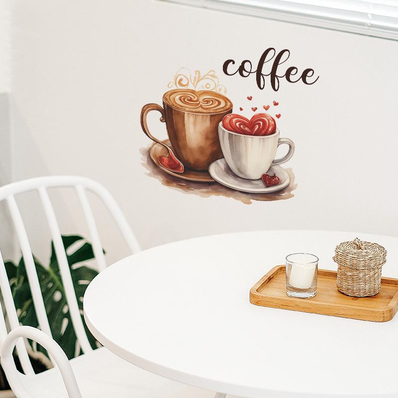 Creative Pair of Coffee Cups Wall Sticker Cafe Style Home Decoration Self-Adhesive Removable Wall Art