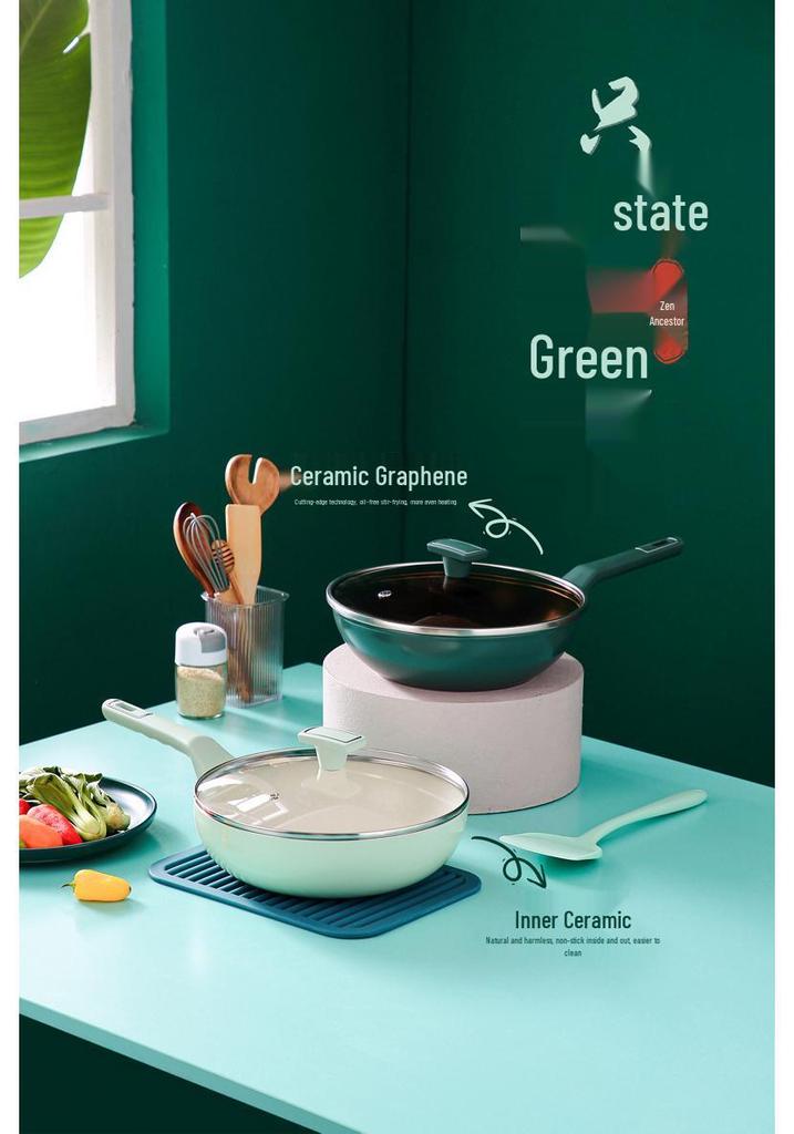 Shan Zu Light Green Ceramic Non-stick Frying Pan & Wok, Induction Compatible Flat Bottom
