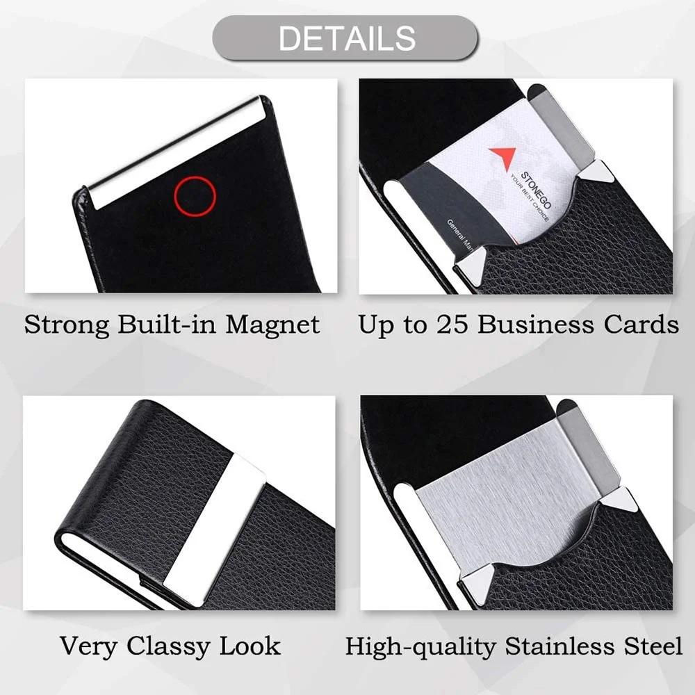 Slim Metal Pocket Business Card Holder Case with Magnetic Shut PU Leather Card Wallet ID Organizer for Men Women