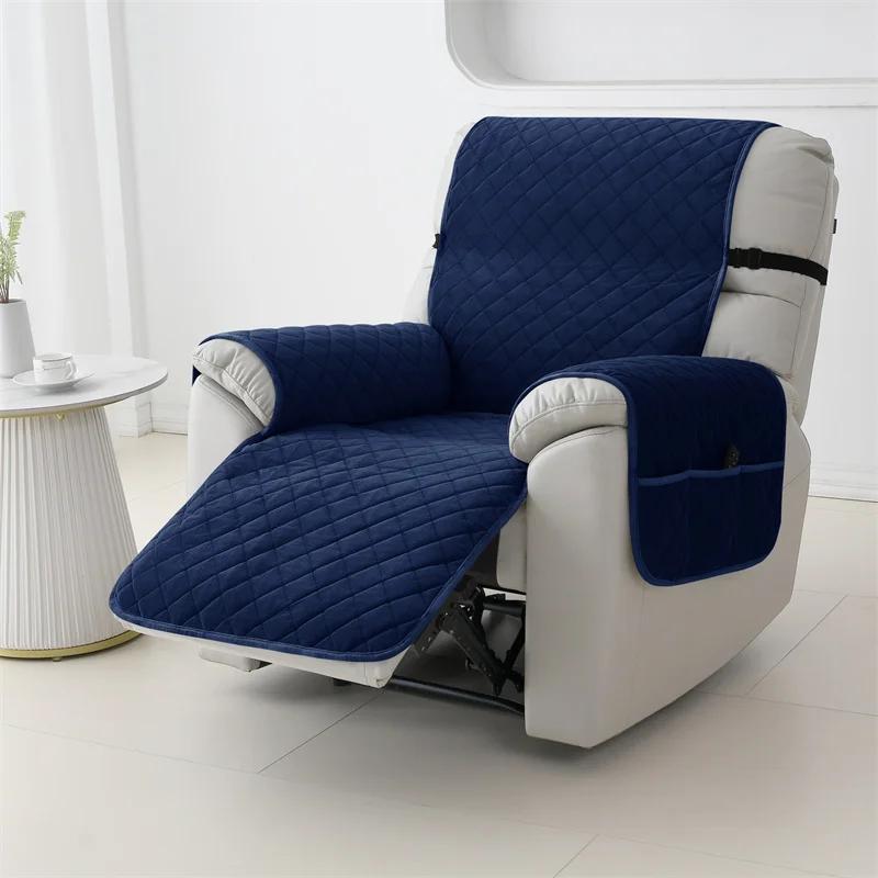 Solid Color Velvet Recliner Sofa Covers 1 Seater Anti-Slip Armchair Slipcover with Elastic Strap Sofa Protector for Living Room