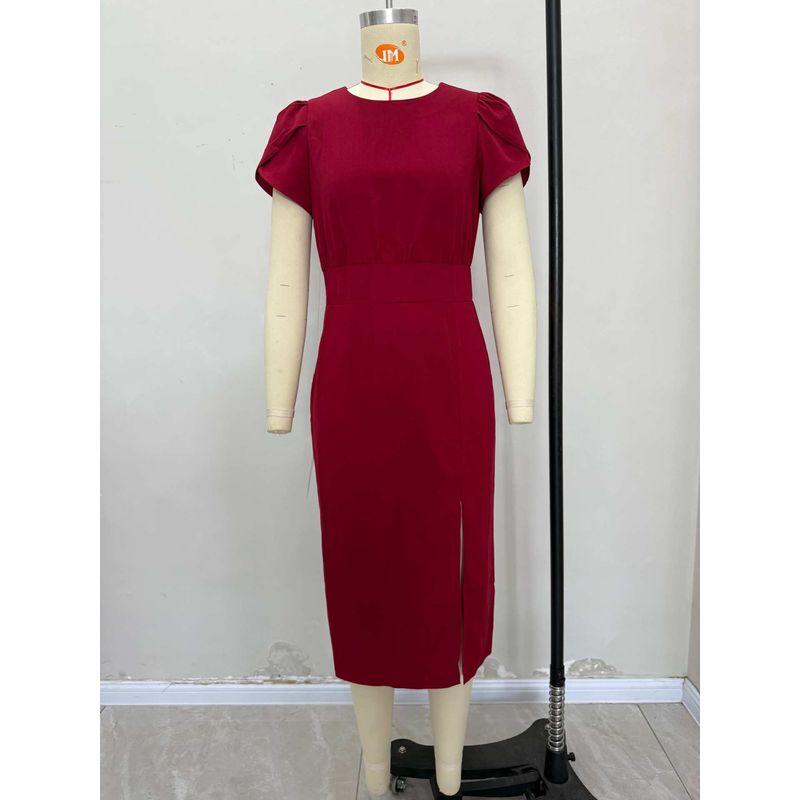 

Fashion New Arrival Fashion Elegance Silm Split round-Neck Short Sleeve Dress round Neck Slit Dress Burgundy 2XL