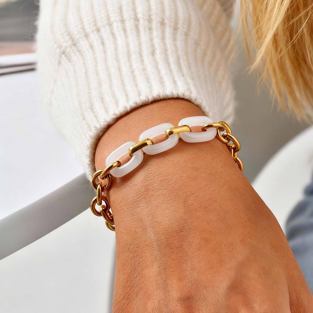 Fashion Women'S Wrist Jewelry Stainless Steel White Jade Splicing Chain Bracelet Gold Br-2678