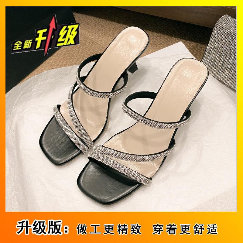 Internet celebrity with skirt versatile high heels 2025 new popular outer wear niche design light mouth stiletto one-word slippers