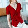Cross V-neck Short Sleeved T-shirt for Women Summer Design with Pleats Irregular Ribbon Bow Slim Fit Fashionable Top
