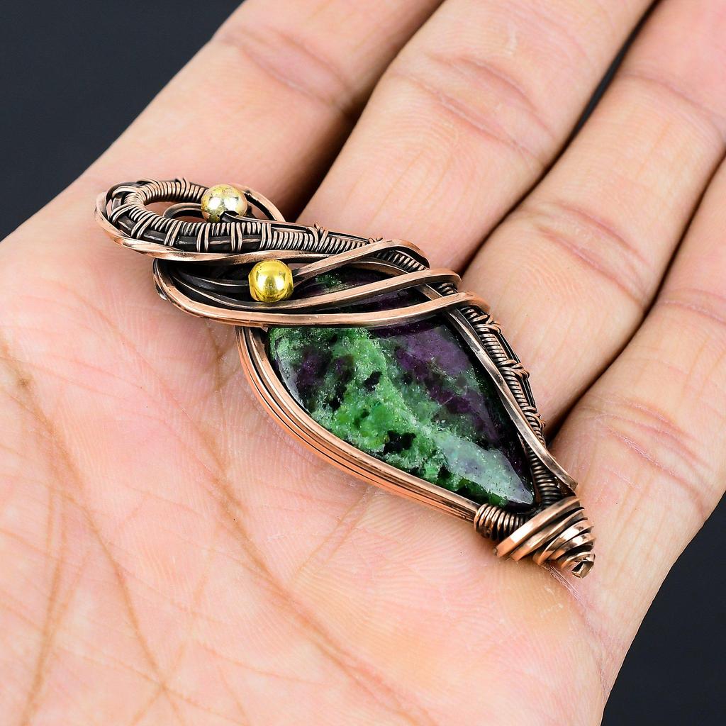 Ruby Zoisite Gemstone Pure Copper Wire Wrapped Handmade Jewelry Pendant For Gift