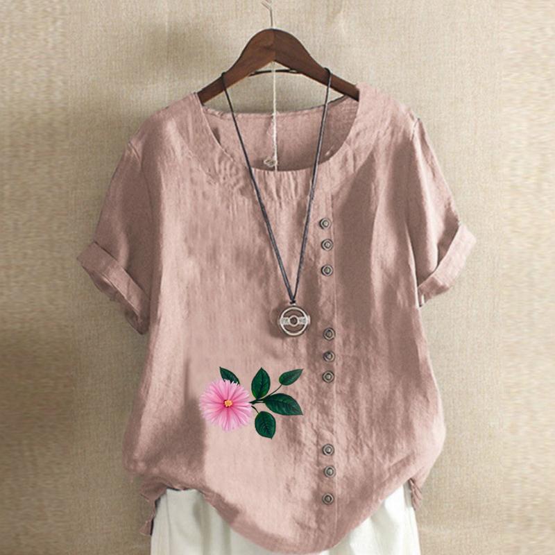 Damen T-Shirt mit Rundhalsausschnitt, kurzärmelig, Blumenmuster, Leinenhemd, Sommer, lässig, Übergröße