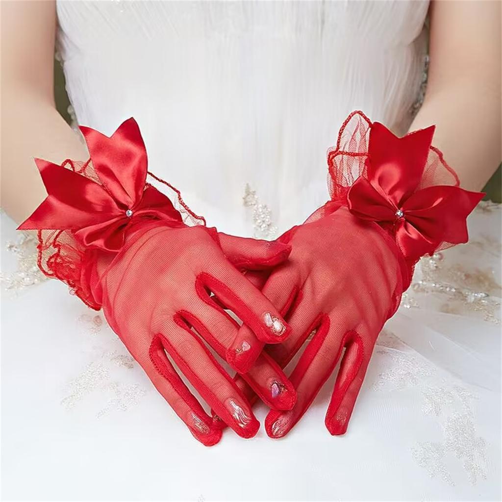 Seethrough Bowknot Mesh Gloves for Evening Party Short Gloves Bridal Gloves Wedding Accessory Handwear for Special Event
