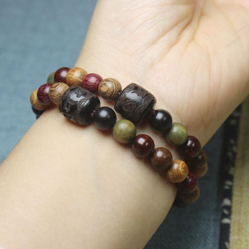 8mm Multi-Color Sandalwood Bead Bracelet Black Ebony Six-Word Motto Barrel Beads Buddhist Prayer Beads