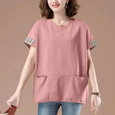 Women's Summer Plus Size Medium-length Short-sleeved Loose Top Simple Splicing Patchwork Commuter T-shirt