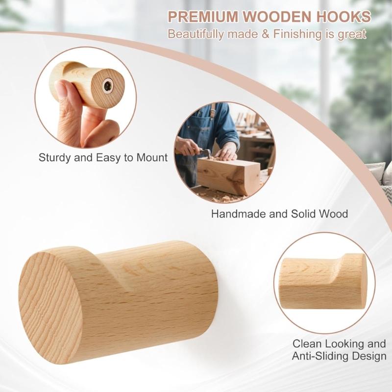 6Pcs Natural Wood Wall Mounted Hook Handmade Smooth Surfaces Hook Load Sturdy Home Organization