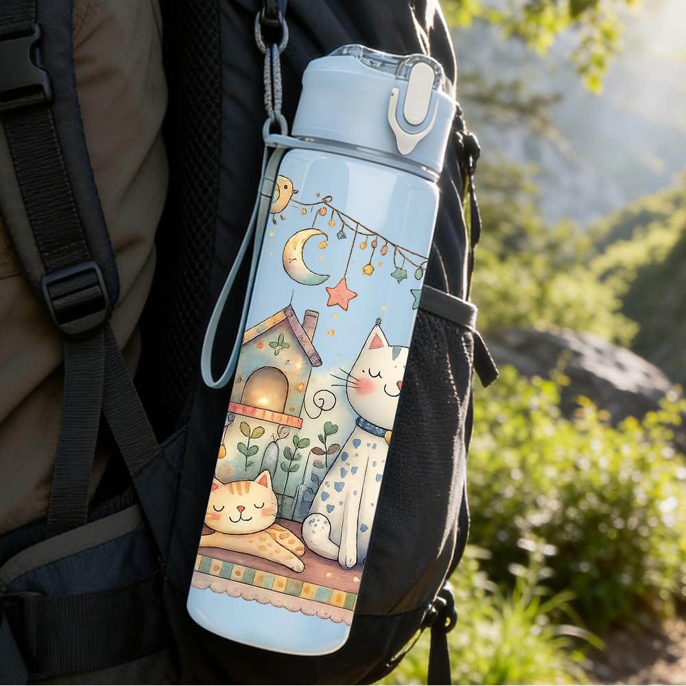 1PC Festive Cat Night Sky Cartoon Print 750ml Color Plastic Sports Water Bottle Leakproof Flip Straw Lid Suitable for Sports Office Home Use