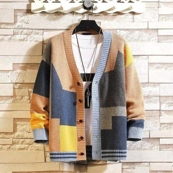 Men Fall Winter Sweater Coat Cardigan Knitted Thick Colorblock Long Sleeve Single-breasted