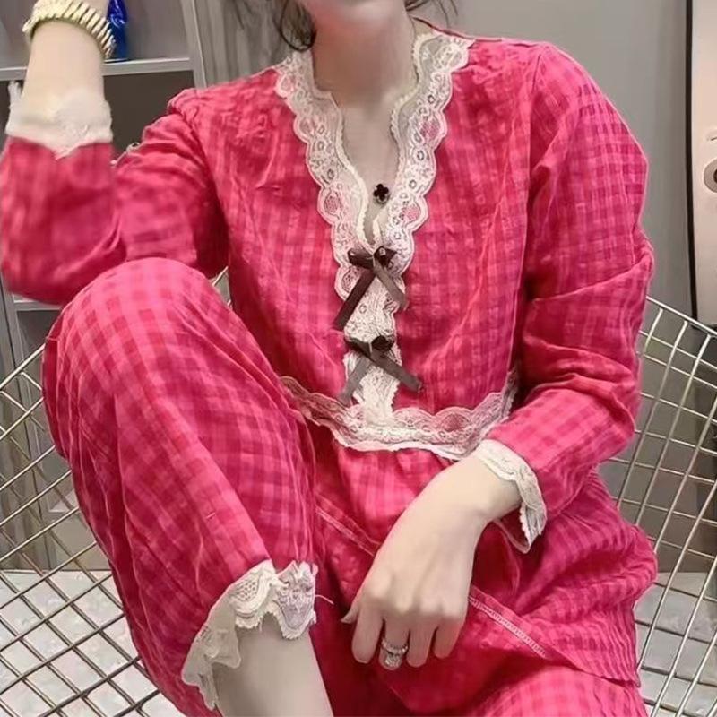 

Хлопковая пижама с кружевной отделкой для женщин - Коллекция Весна, Осень, Зима XL (suggested 45-60 kg)