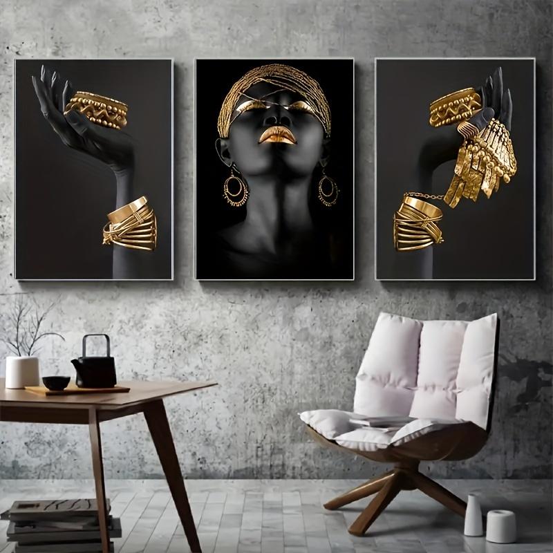 

3pcs African Women in Golden Jewelry Canvas Art Prints - Frameless 2D Posters, Elegant Black & Golden Wall Decor for Living Room 20x30cm-3pcs