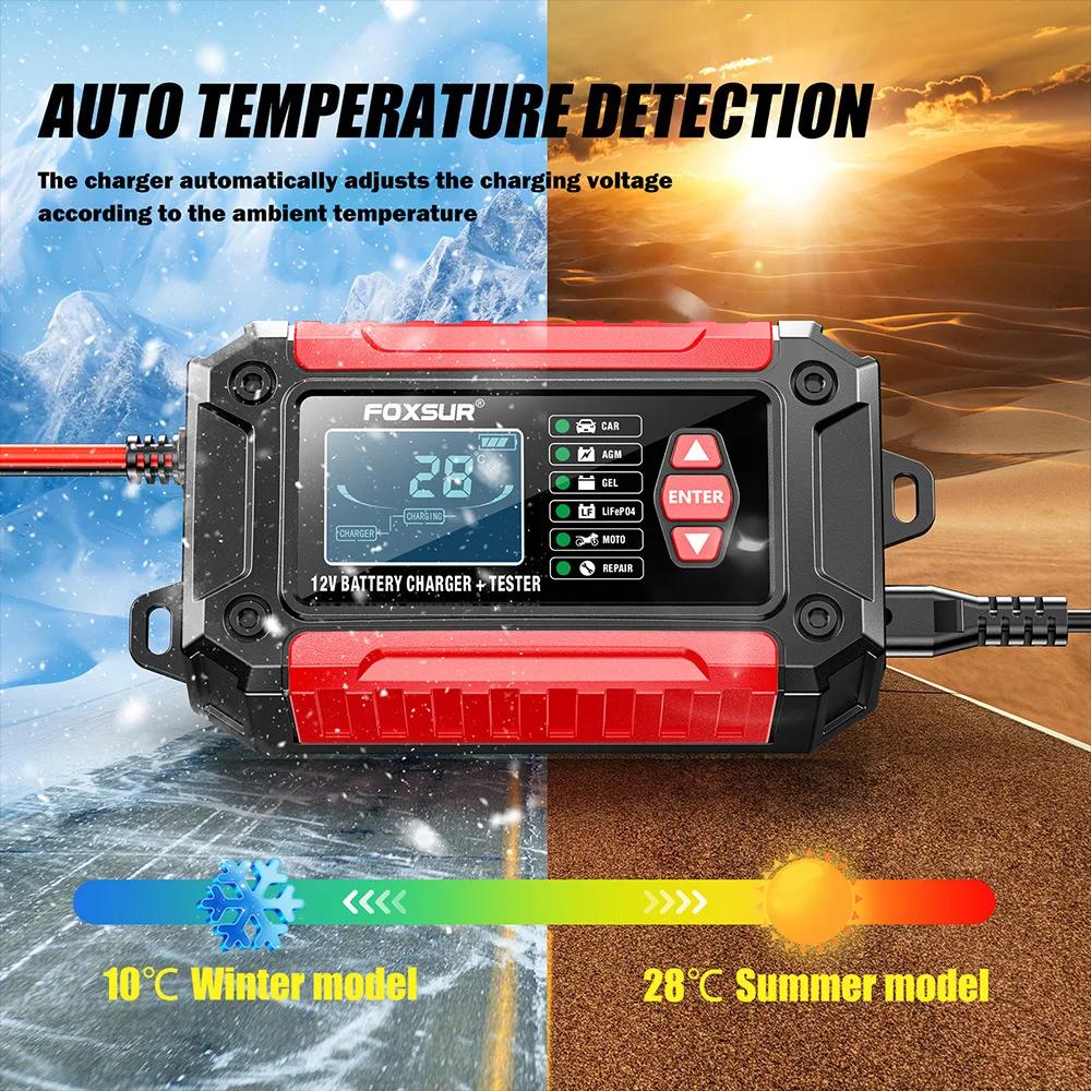 FOXSUR Car Battery Charger 12V 6A FTC-1206 Motorcycle Truck AGM LiFePO4 Lead Acid Batteries Maintainer Digital LCD Display