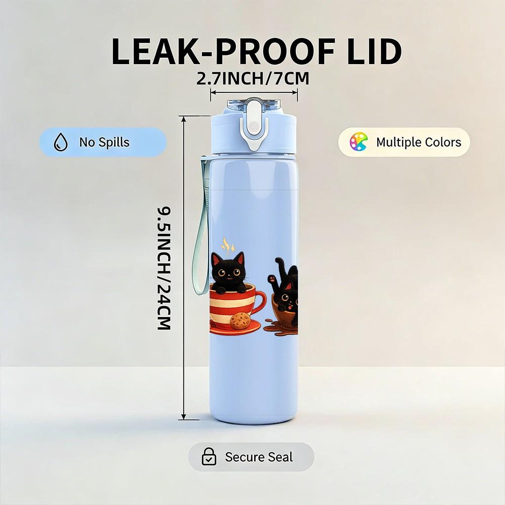 1PC Three Cats Tea Time Cartoon Print 750ml Color Plastic Sports Water Bottle Leakproof Flip Straw Lid Suitable for Sports Office Home Use