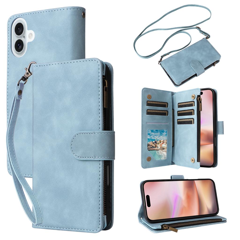 For iPhone 16 Plus Case Zipper Pocket PU Leather Wallet Phone Stand Cover with Strap
