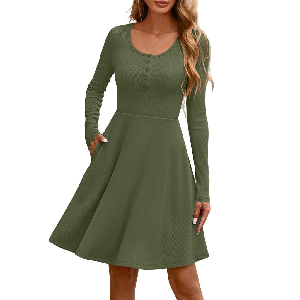 Women's Long Sleeve Dress Casual Ribbed Knit Round Neck Button Down Dresses