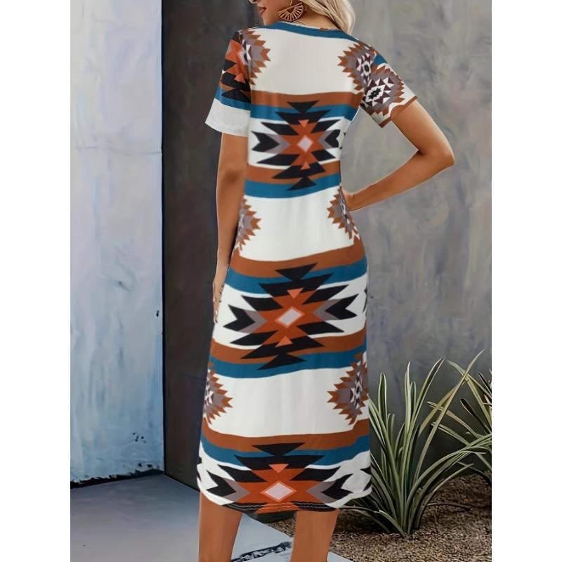 Rochie cu decolteu roșu cu imprimeu geo, rochie casual cu mânecă scurtă pentru primăvară și vară, îmbrăcăminte pentru femei