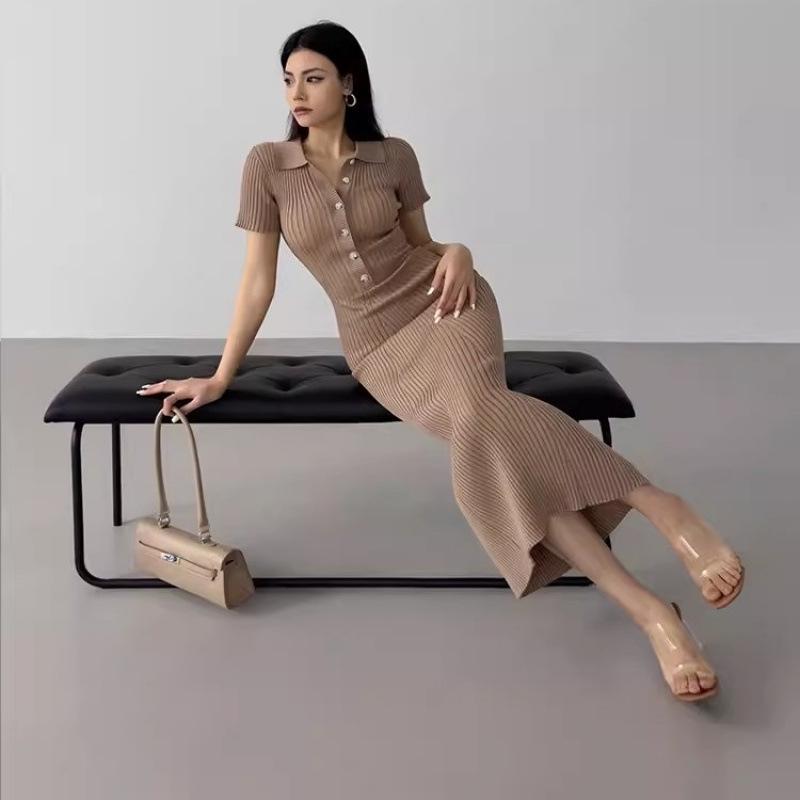 European & American Fishtail Knit Dress: Women's Summer Slim Fit Polo with Short Sleeves and Hip Wrap Skirt