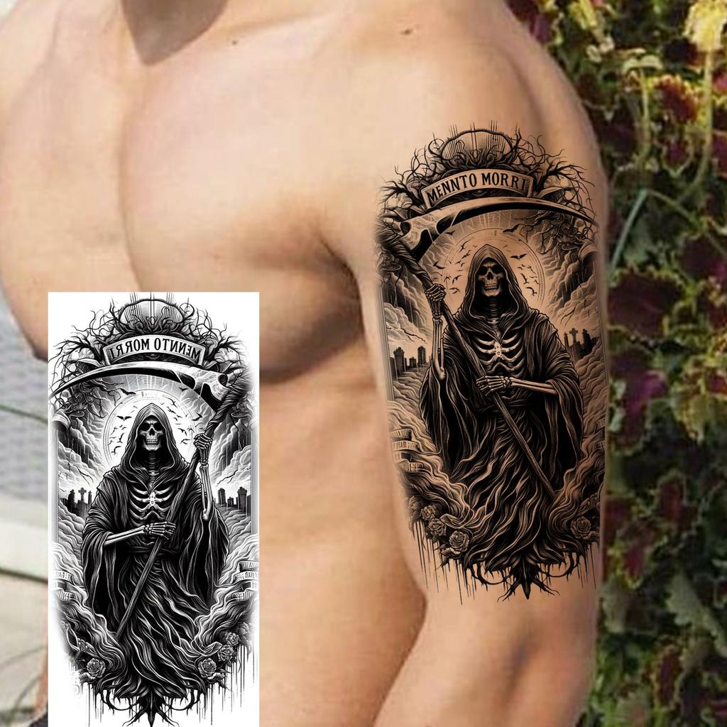 1 Blatt Gruseliger Sensenmann Totenkopf Temporäre Tattoos Halloween Tattoos Langlebig Wasserdicht Tiger Wolf Bestie Fake Tattoo Aufkleber