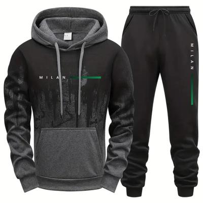 Trendy Men's Sports Suit with Printed Ink Hooded Sweatshirt, Casual Fitness and Jogging Men's Top, Pants