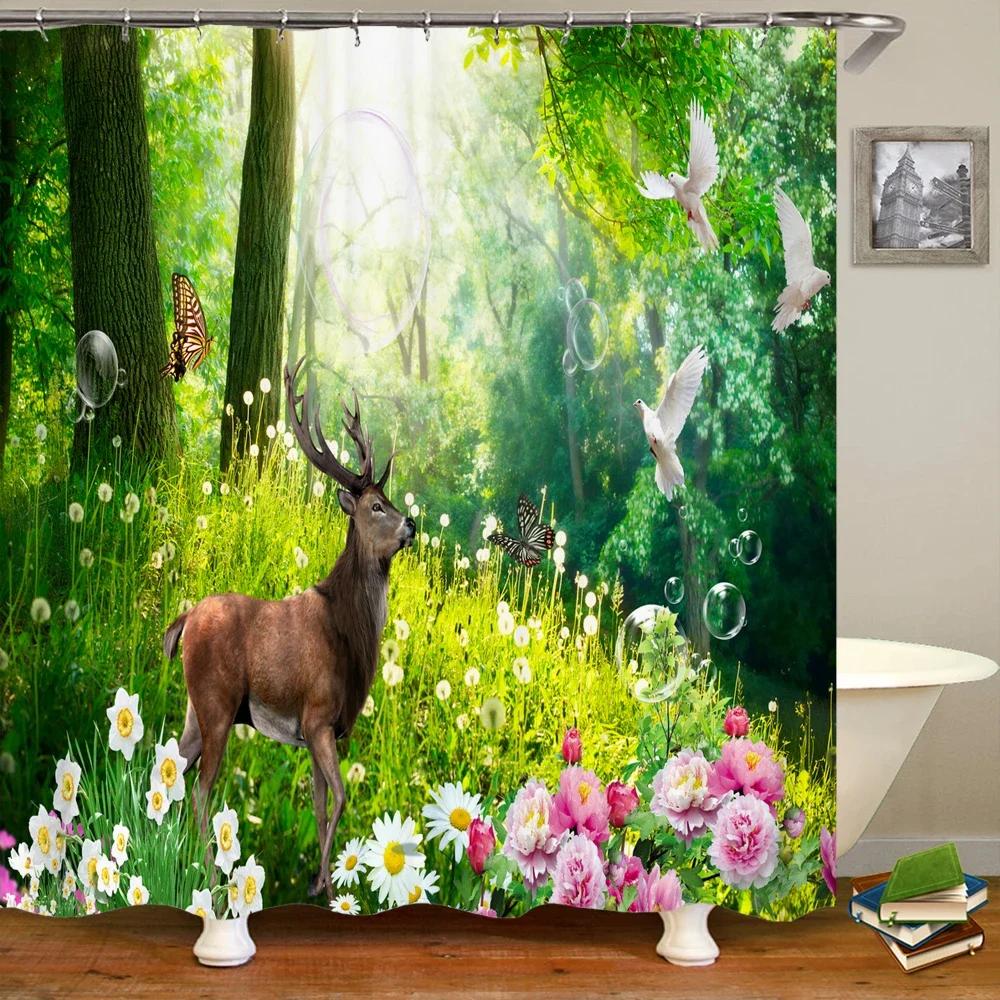 Waterproof Fabric 3D Shower Curtain Bathroom Curtain Pink Tree Landscape Polyester Bath Curtain Decorate With Hooks Cortina